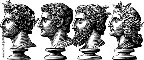 Classical male busts aligned in profile on white background