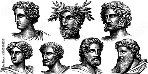 Classical male busts displaying varied facial hair and laurel crowns