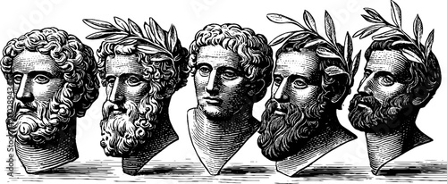 Group of laurel crowned heads in horizontal engraved layout