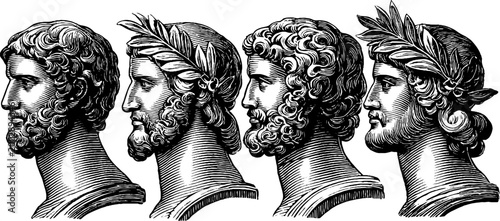 Classical profiles with laurel wreaths on plain white background