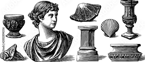 Classical bust and decorative fragments arranged on white background
