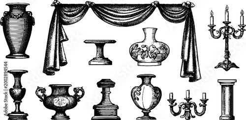 Decorative vases and drapery displayed with candelabra elements