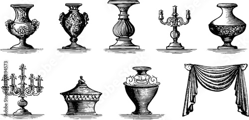 Decorative urns and candelabra displayed on theatrical drapery