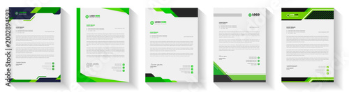 Five modern green and black business letterhead templates with white background and sample text for companies  various designs