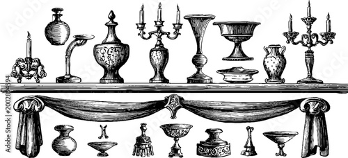 Varied antique vessels and candelabra displayed on shelf drapery