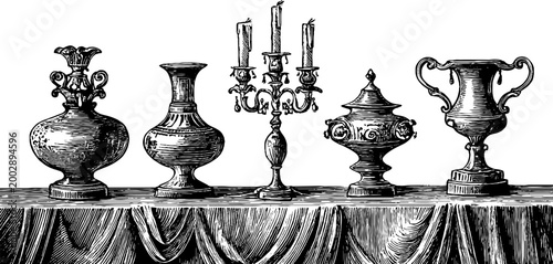 Assorted antique vases and candlestick arranged on draped table
