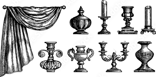 Drapery and assorted candleholders displayed on pedestal