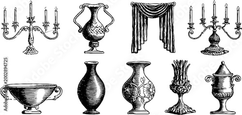 Assorted urns and chandeliers arranged on white background