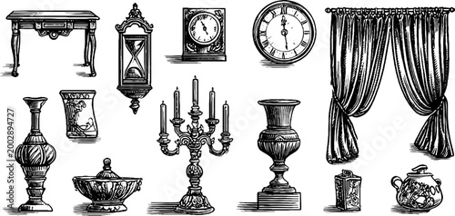 Antique household objects displayed in rows on white background