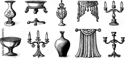 Assorted vintage vessels and candelabra displayed on white