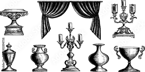 Collection of urns and curtain with candelabrum on white