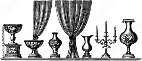 Ornate vessels and candelabrum arranged on interior shelf with curtains