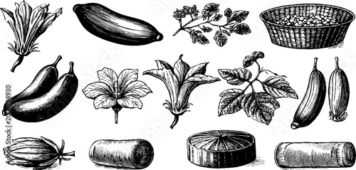 Assorted squash zucchini and basket with botanical sketches