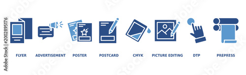 Print banner web icon vector illustration concept with icon of flyer, advertisement, brochure, poster, postcards, cmyk, picture editing, dtp, and prepress