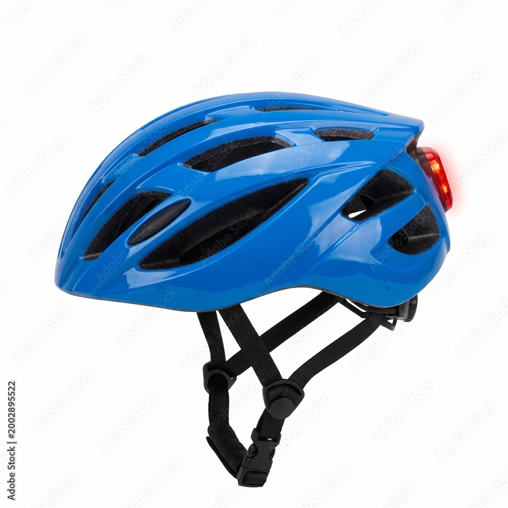 Fototapeta premium Blue cycling helmet with black straps and reflective details