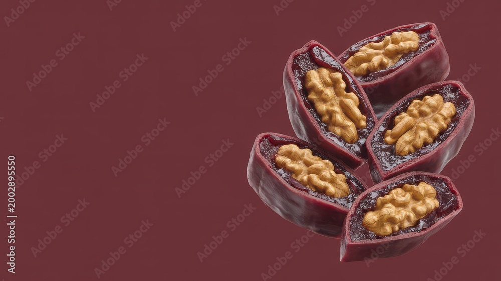 Obraz premium Sliced churchkhela bites with walnuts on a dark maroon background