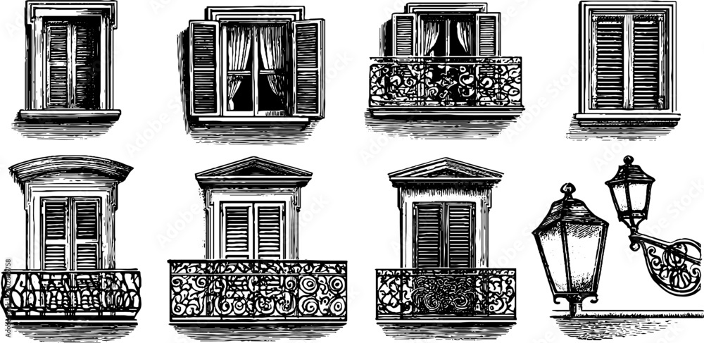 Fototapeta premium Window shutters and balcony rails arranged on white background