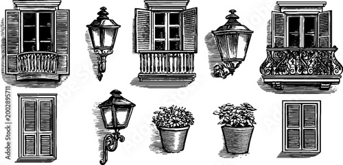 Ornate balcony windows and lamps arranged in rows on white background