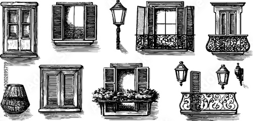 Assorted vintage window designs with lamps and flower boxes on white background