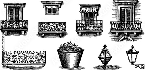 Ornate balconies, planters and lanterns displayed on white background