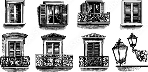 Window shutters and balcony rails arranged on white background