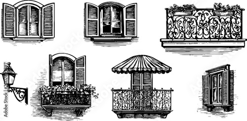 Vintage window shutters and ornate balconies arranged on wall