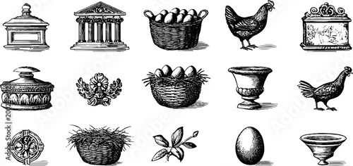 Engraved eggs baskets chickens and ornamental containers