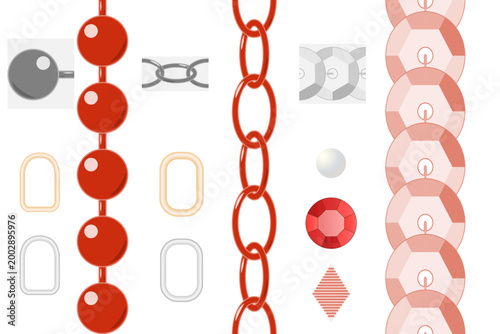 Vector set of fashion design brushes featuring metallic chains, red ball beads, and shimmering sequins. Includes decorative elements like ruby crystals, pearls, metal fasteners, and satin stitch