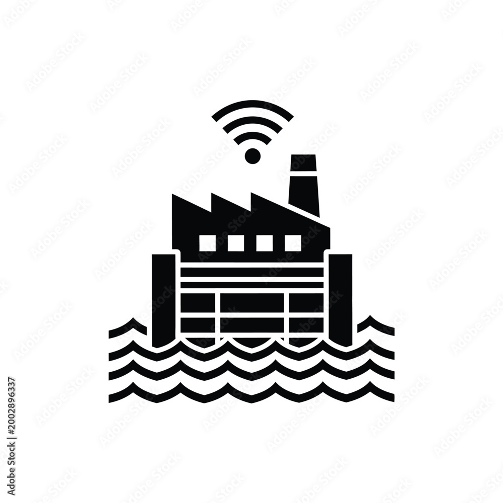 Obraz premium factory on water with wireless signal icon black silhouette on a white background high quality professional detailed modern elegant stylish