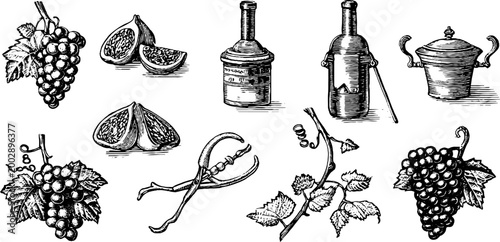 Grapes figs and wine tools displayed in rustic arrangement