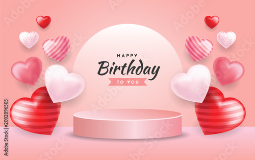 Happy birthday celebration with pink and red hearts and a podium for a special day gift or announcement  festive holiday decoration