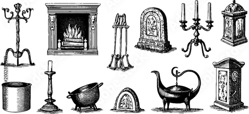 Assorted fireplace tools and vessels arranged on plain background