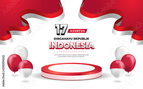 Indonesian independence day celebration poster with red and white balloons and ribbons  Dirgahayu Republik Indonesia Agustus 17  Indonesian flag colors