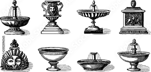 Decorative urns and fountains engraved on plain background