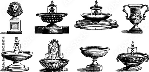 Antique garden fountains and basins depicted in engraved style
