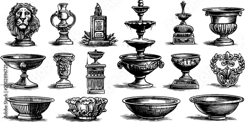 Decorative ornamental urns and basins displayed on white background