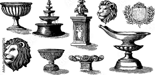 Decorative urns and sculpted lion heads arranged on white background