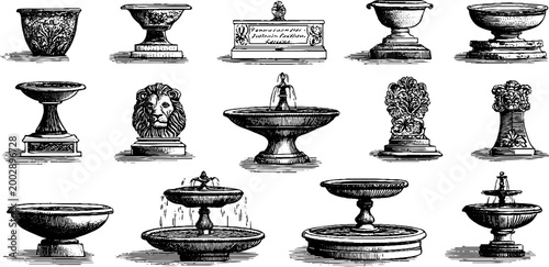 Assorted ornamental urns fountains and lion masks on white background