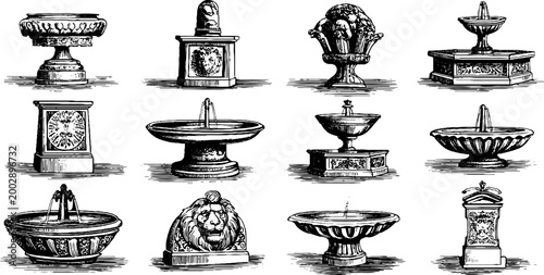 Decorative classical fountain elements arranged on white background