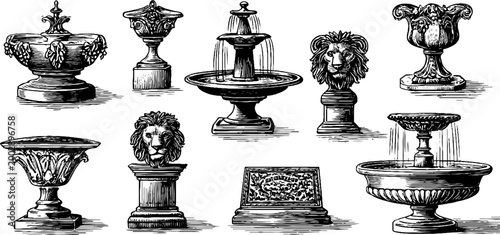 Ornate stone urns and fountains depicted in vintage engravings