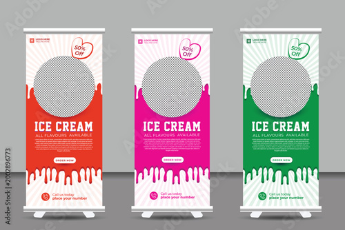Ice cream banner template colorful roll up standees with sale discounts and flavors available on pop up displays for advertising and marketing purposes  promotional materials