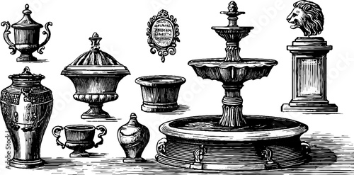 Assorted classical urns and tiered fountain on display