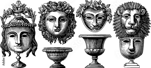 Decorative theatrical masks wreaths and urns presented on white