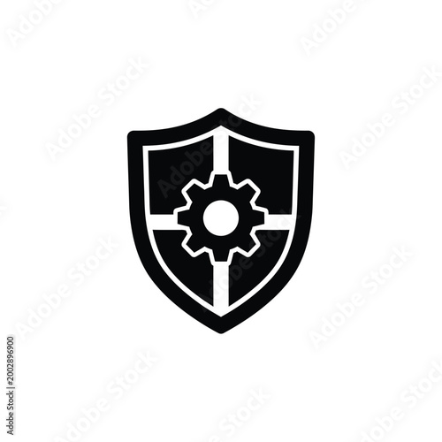 shield with gear icon black silhouette on a white background security and protection symbol high quality professional detailed modern elegant