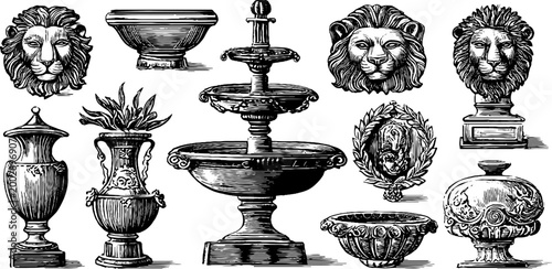 Decorative urns and lion heads centered around central fountain
