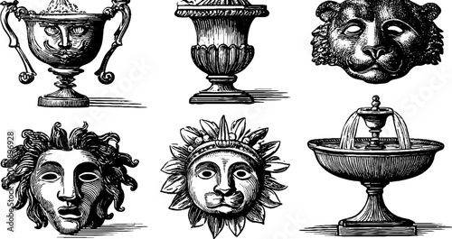 Decorative basins and mythic faces presented in vintage engraving