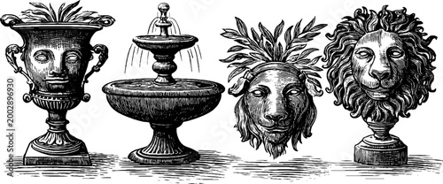 Garden urns and animal head fountains depicted in engraving