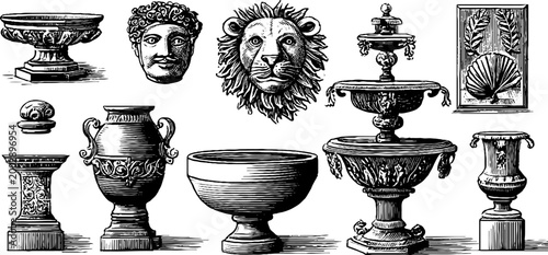 Assorted classical vases bowls and lion head ornament illustrations
