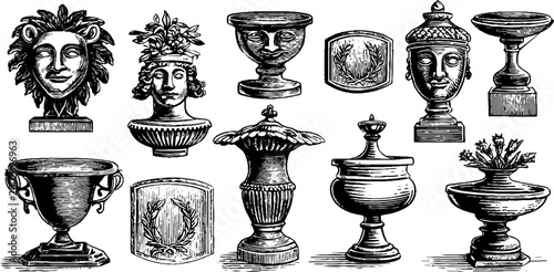 Decorative urns and masks arranged on white background