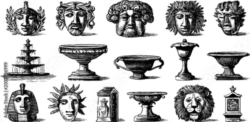 Classical masks and pedestals displayed on white background